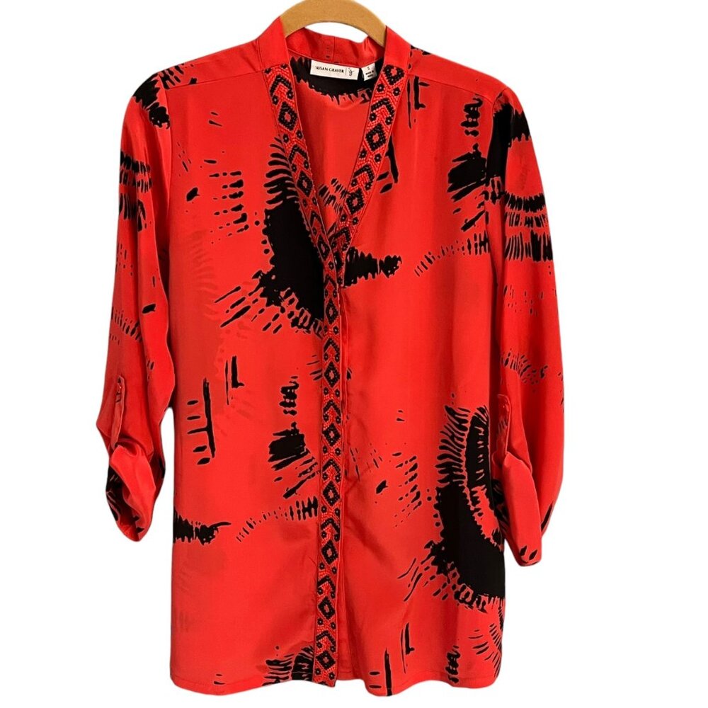 Susan Graver QVC Red & Black Abstract Print Blouse Tunic Size S